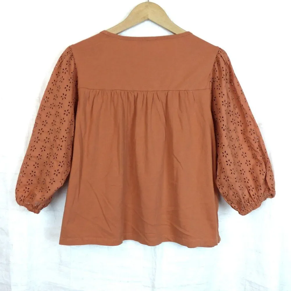 J.Crew Peasant Top Womens L Orange Eyelet Embroidered Cotton Boho Style AS023
